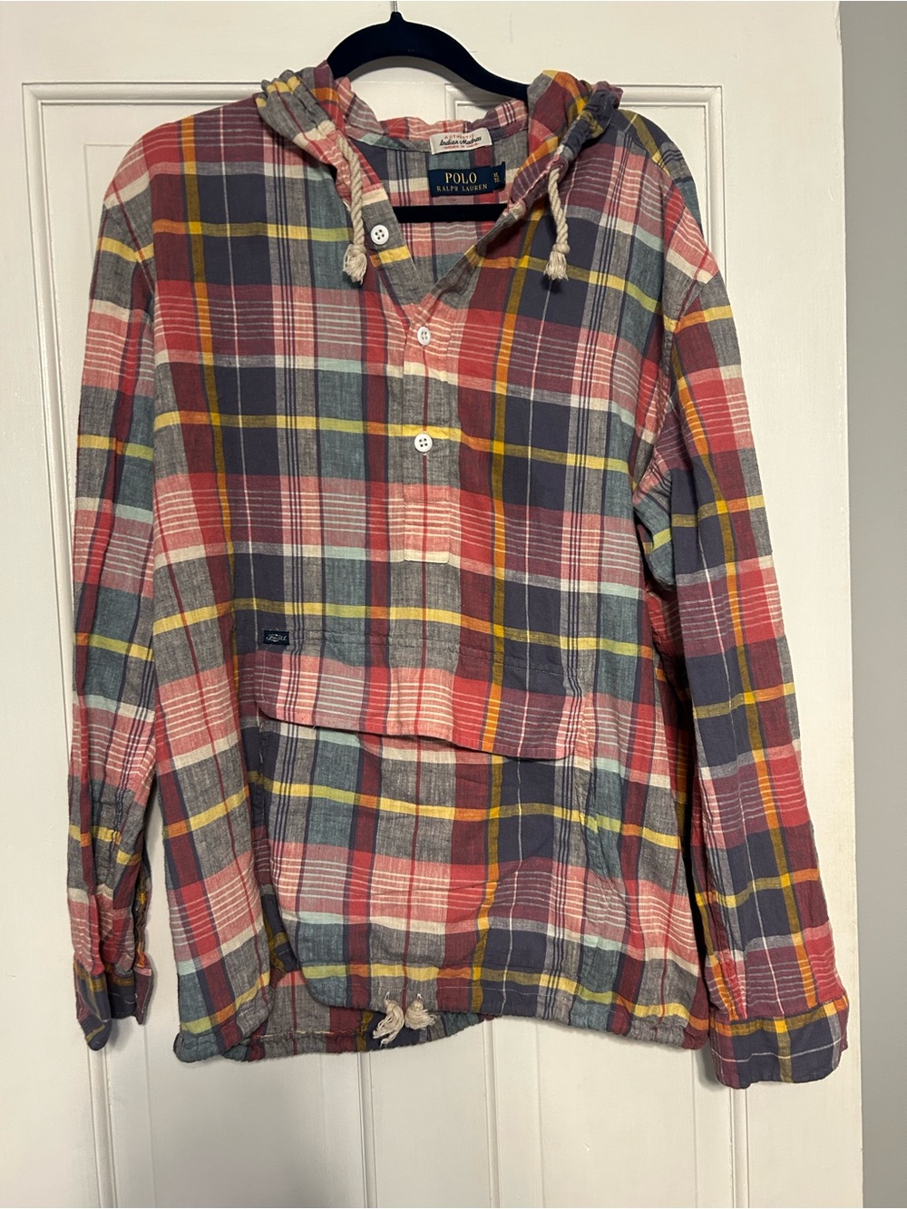 Ralph Lauren Madras Plaid Hooded Shirt Jacket in Red, Blue, Yellow